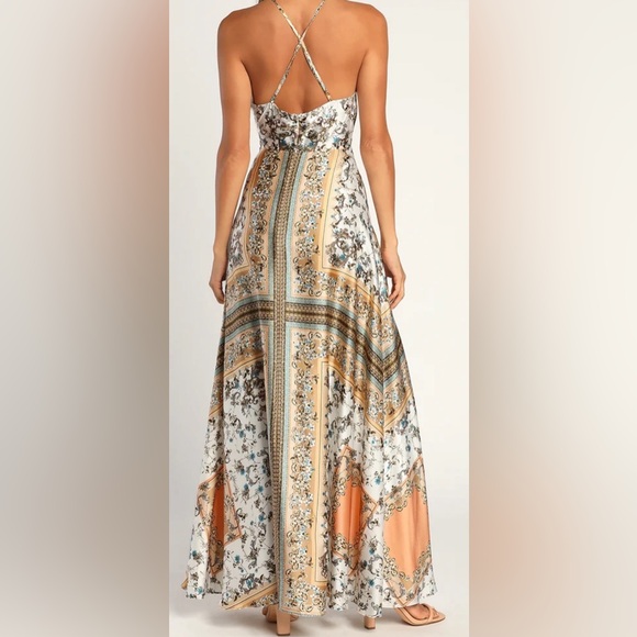 Lulu’s Divinely Inspired White Scarf Print Satin Backless Maxi Dress, Size M - Picture 4 of 15